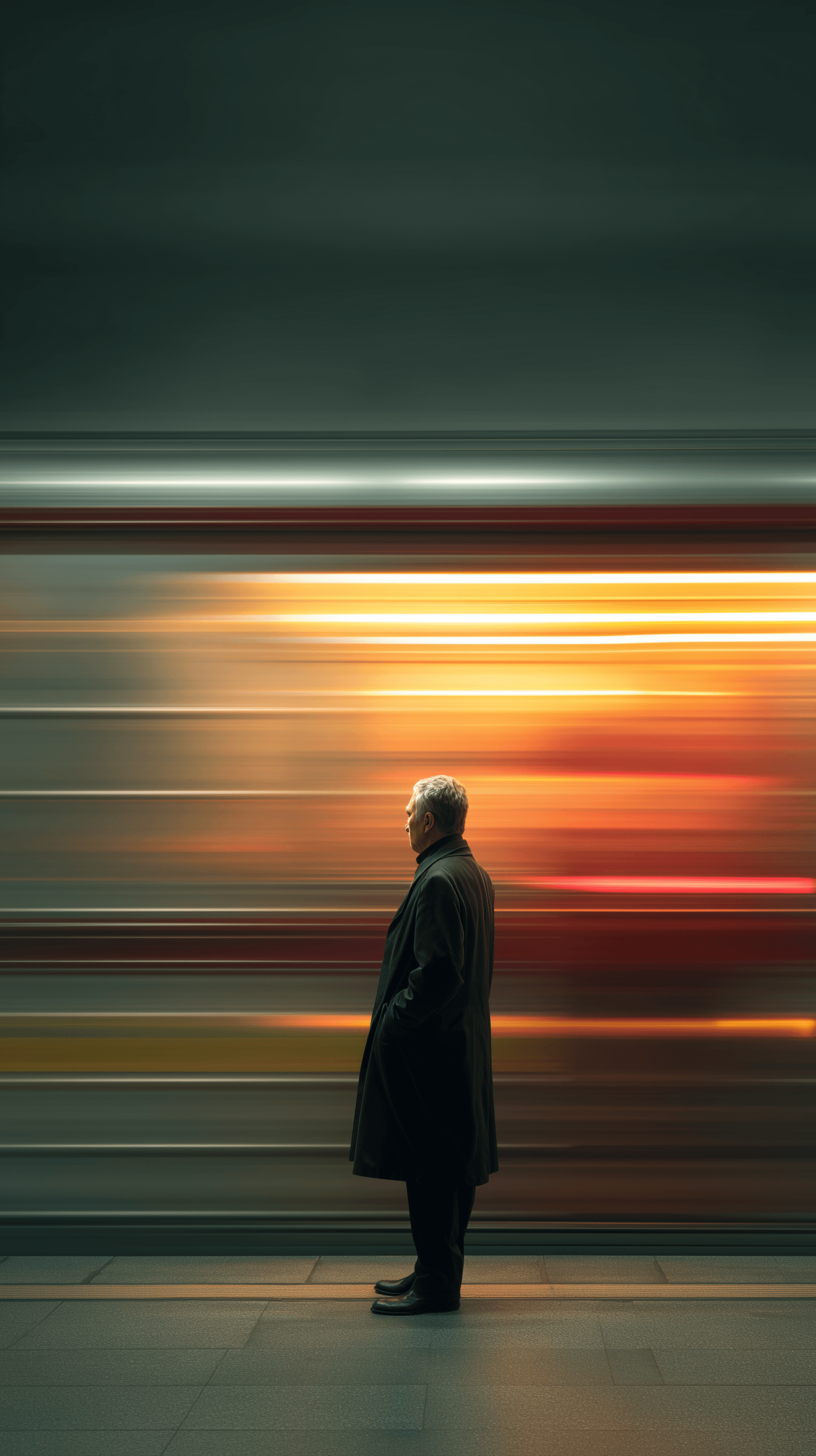 AI generated: depict a man in a dark coat standing still at a subway platform as a blur of a fast-moving train rus...