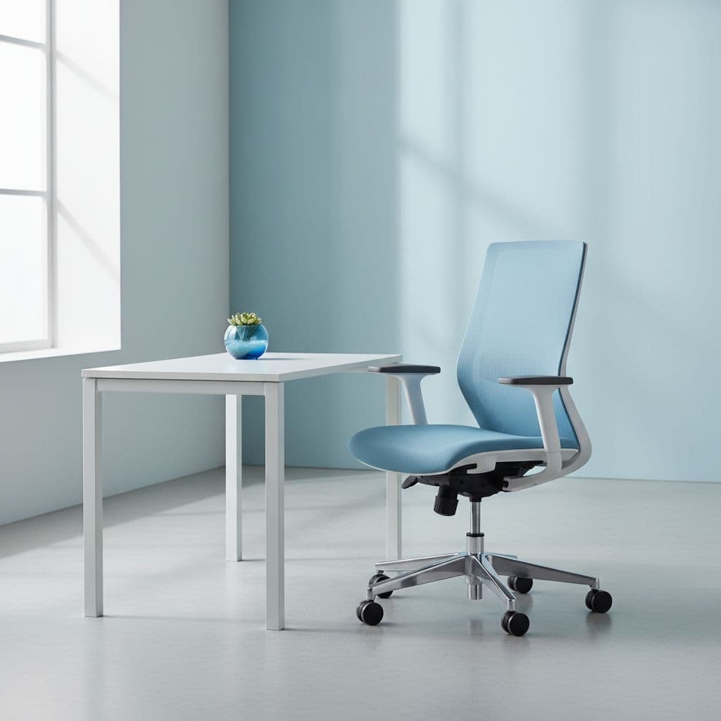 AI generated: A modern ergonomic office chair in a clean, minimal office space, predominantly blue cool tones, sof...
