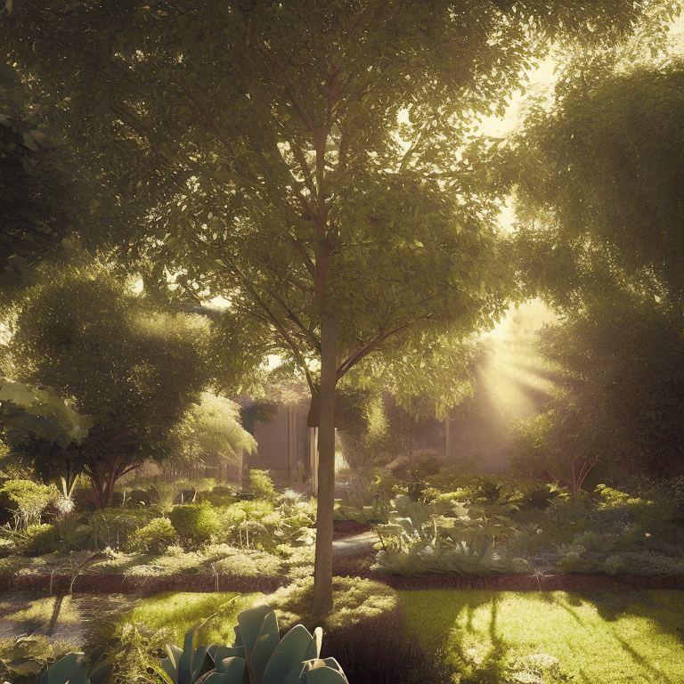AI generated: High resolution photography interior design, A peaceful garden at dawn with soft sunlight filtering ...