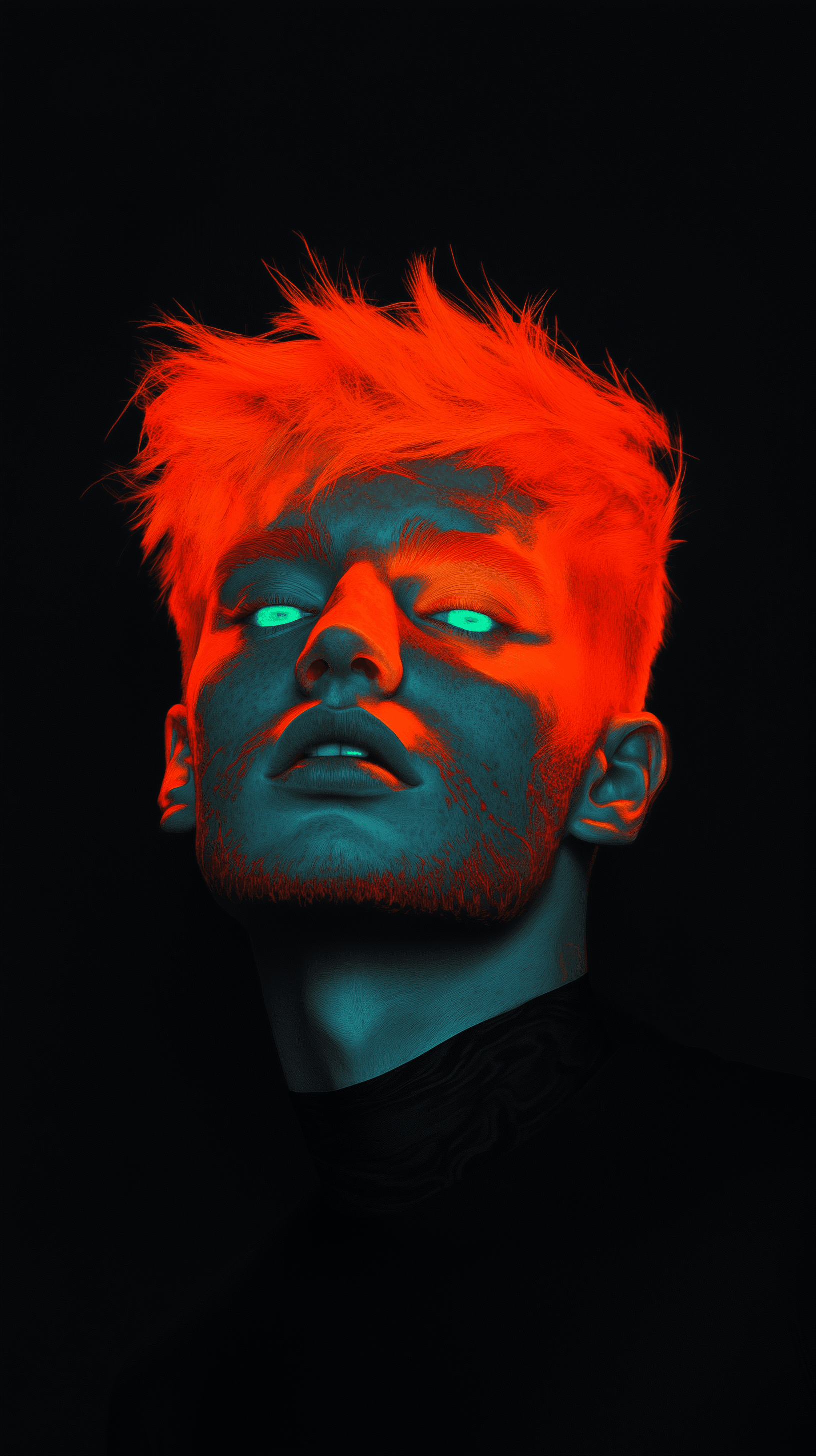 AI generated: digital portrait, man with neon orange hair, using a futuristic and graphic design style, portrait f...