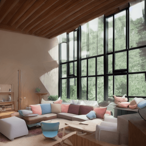 AI generated: High resolution photography interior design, dreamy sunken living room conversation pit, wooden floo...