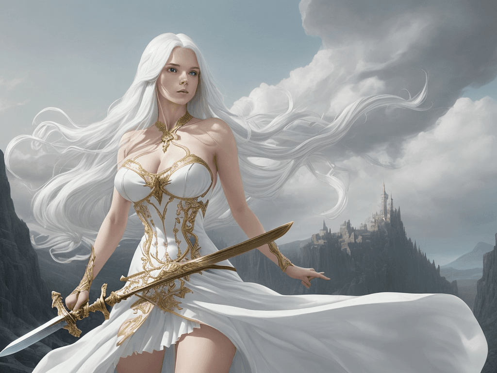 AI generated: a woman in a white dress holding a sword, with a fantasy landscape in the background. The woman has ...