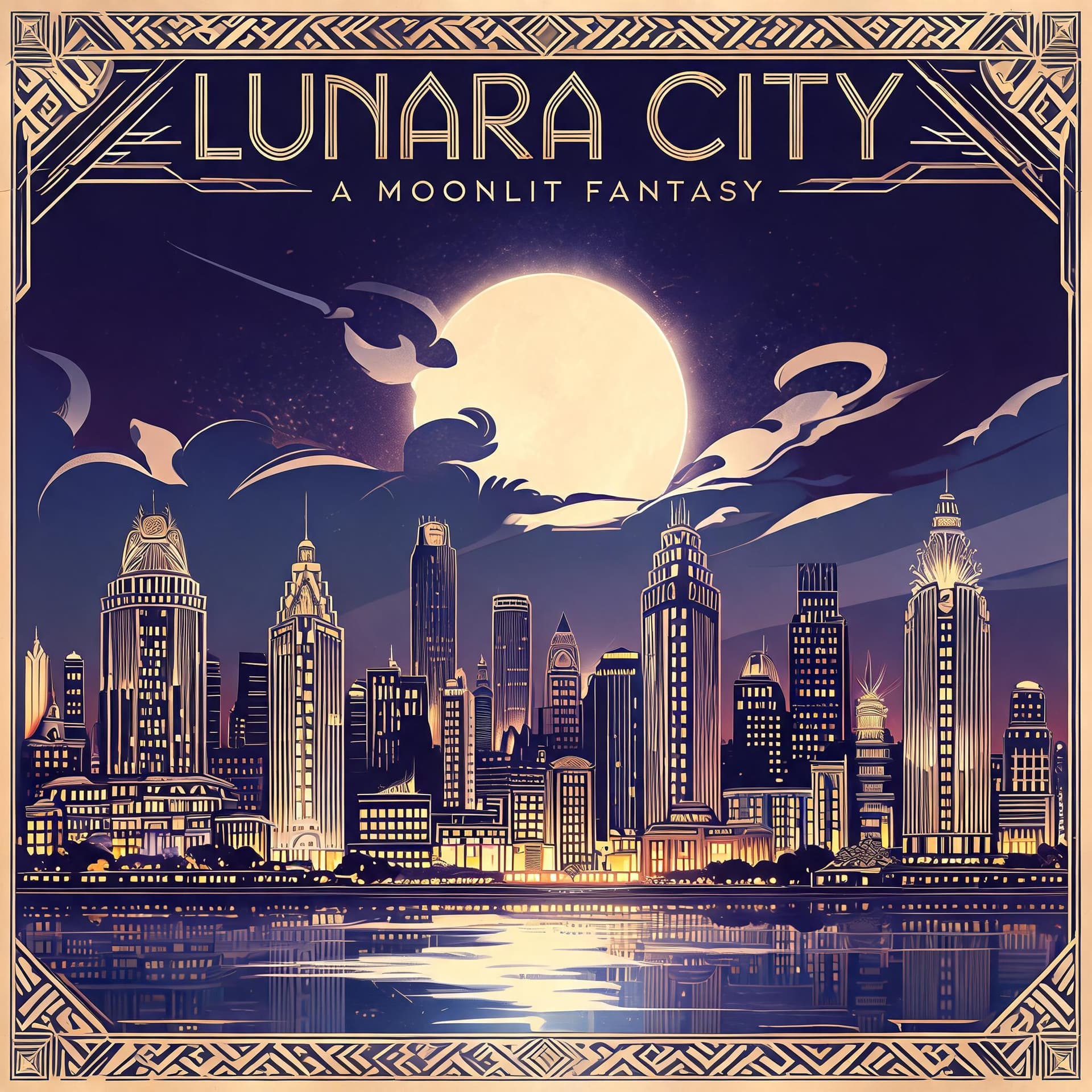 AI generated: Vintage Art Deco poster of a moonlit fantasy city