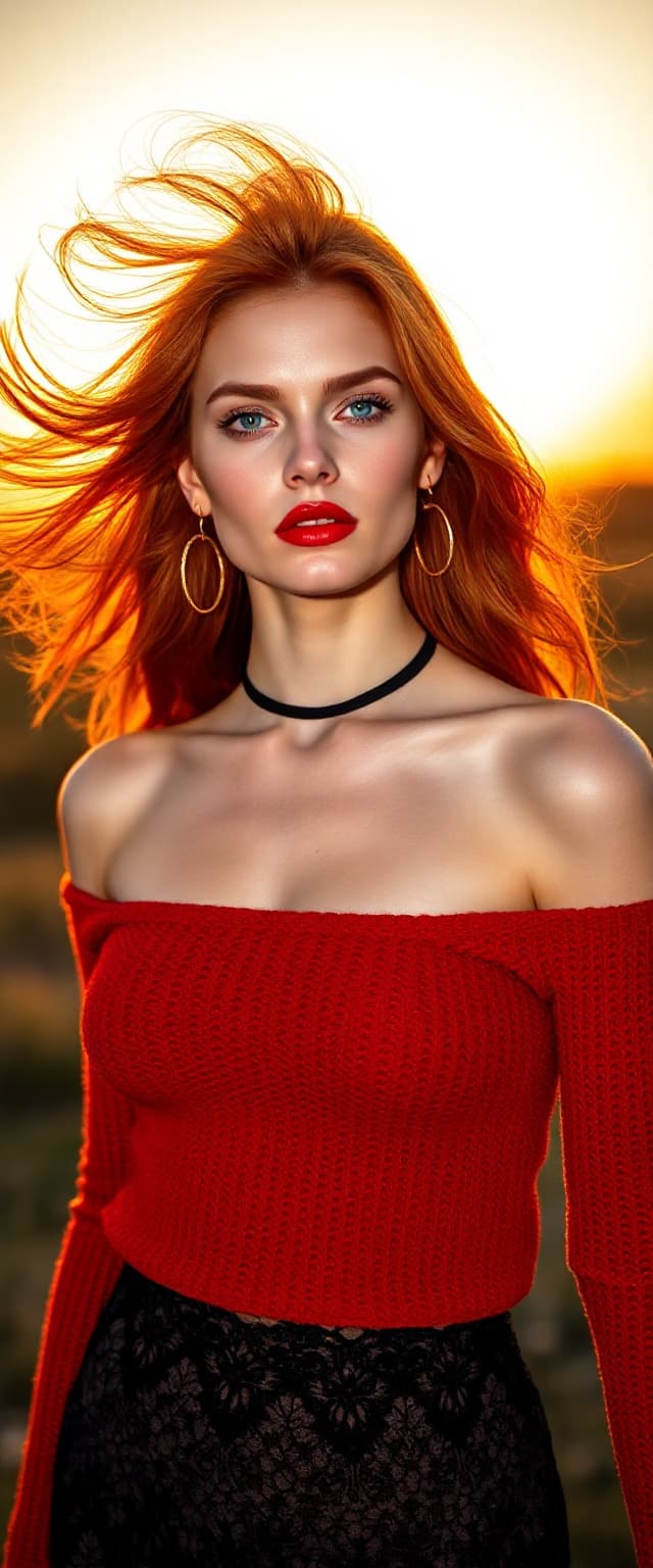 AI generated: "A professional photograph, styled as fine art, depicts a slender redhead supermodel in her early 20...