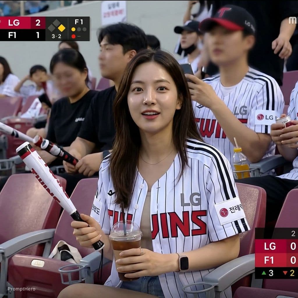 AI generated: Create an ultra-realistic candid KBO baseball broadcast screenshot of the same woman accidentally ca...