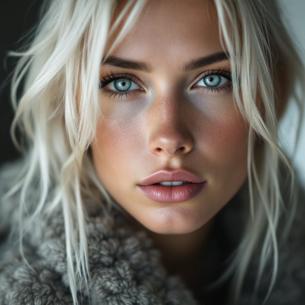 AI generated: 
Close-up portrait of a woman from Siberia, early morning face when getting up, no makeup, with plat...