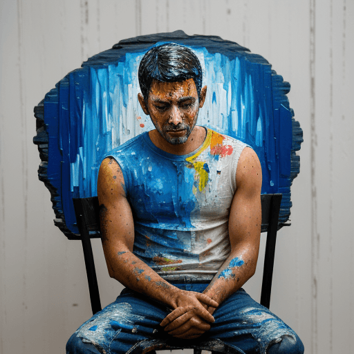 AI generated: sad man sitting on chair, eyes are teary, holding face, pallet knife painted, thick textured, thick ...