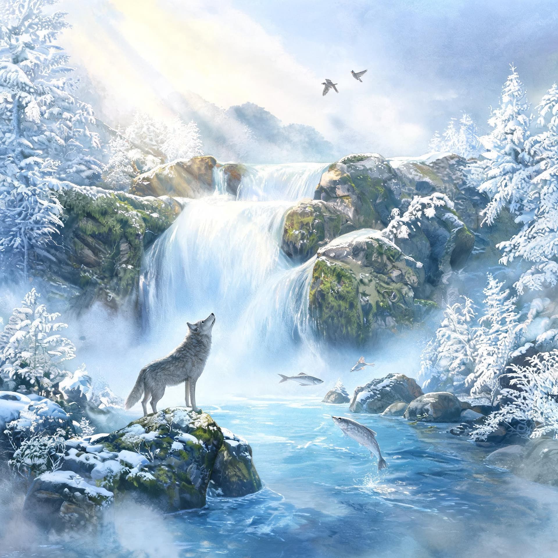 AI generated: Airbrushed watercolor painting, serene winter landscape, majestic waterfall, delicate lace-like pine...