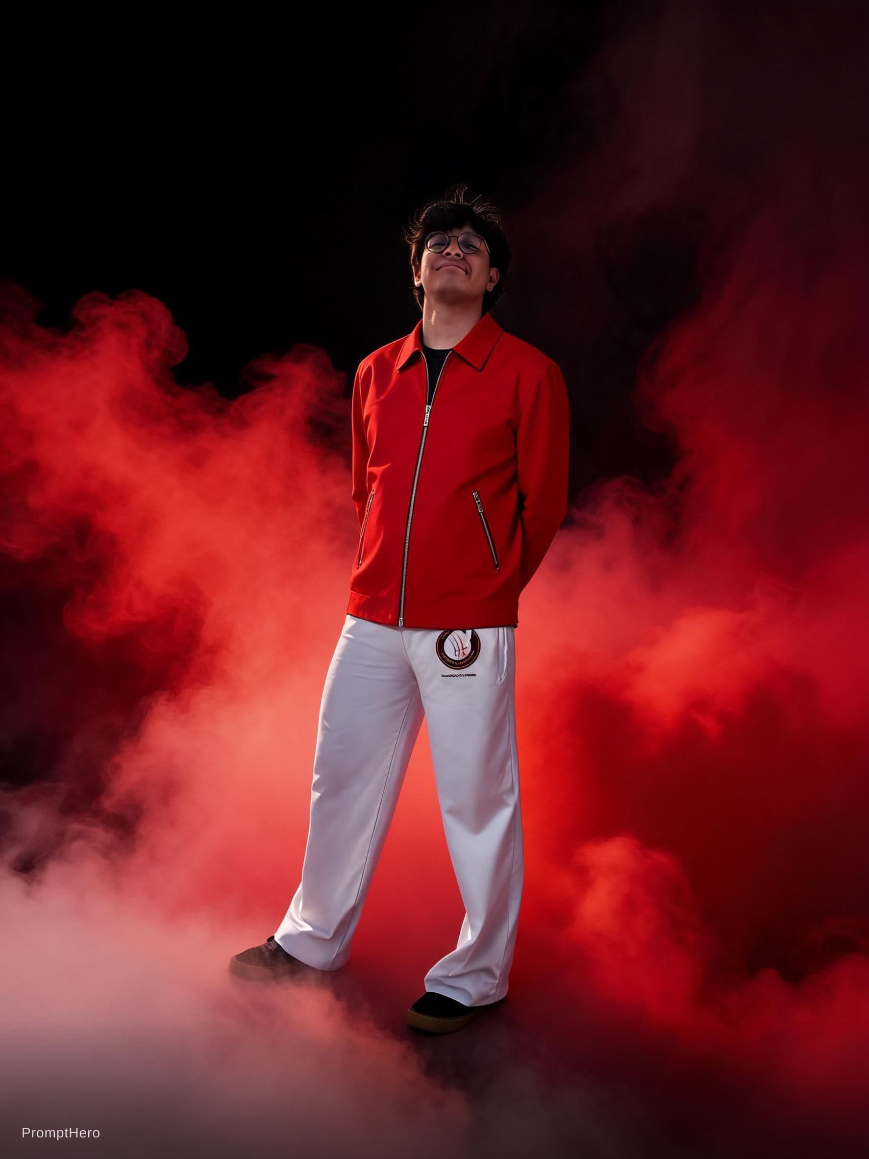 AI generated: fashion photography, front central full-length shot, male model, vibrant red color and black palette...