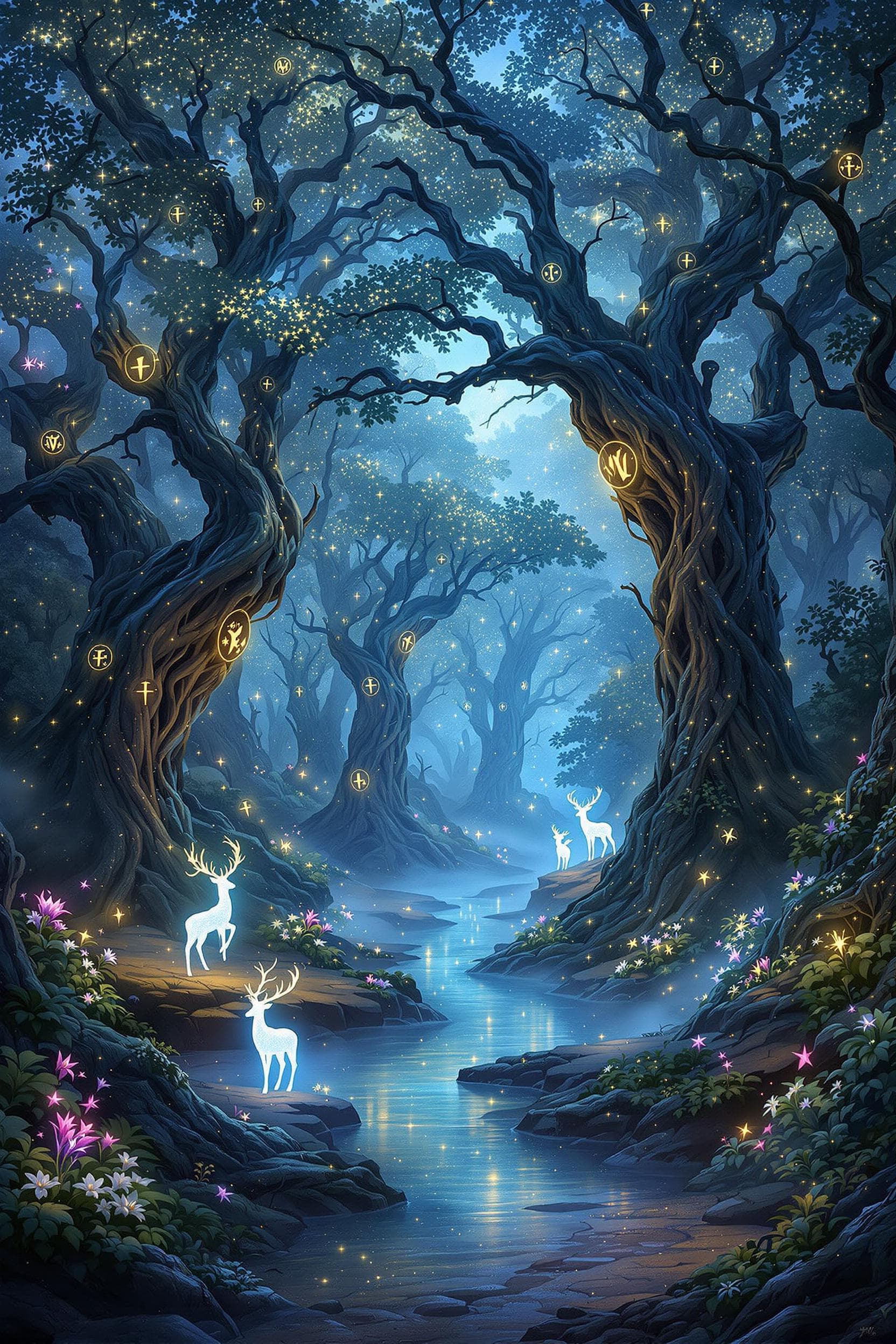 AI generated: Create a mystical fantasy forest bathed in the soft glow of twilight. Towering ancient trees with tw...