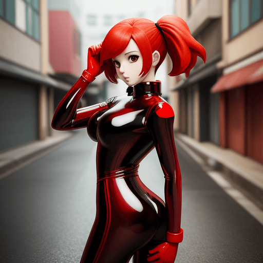AI generated: anime style, semi 3d style girl, blurry street back ground, red hair, tight latex, body facing camer...