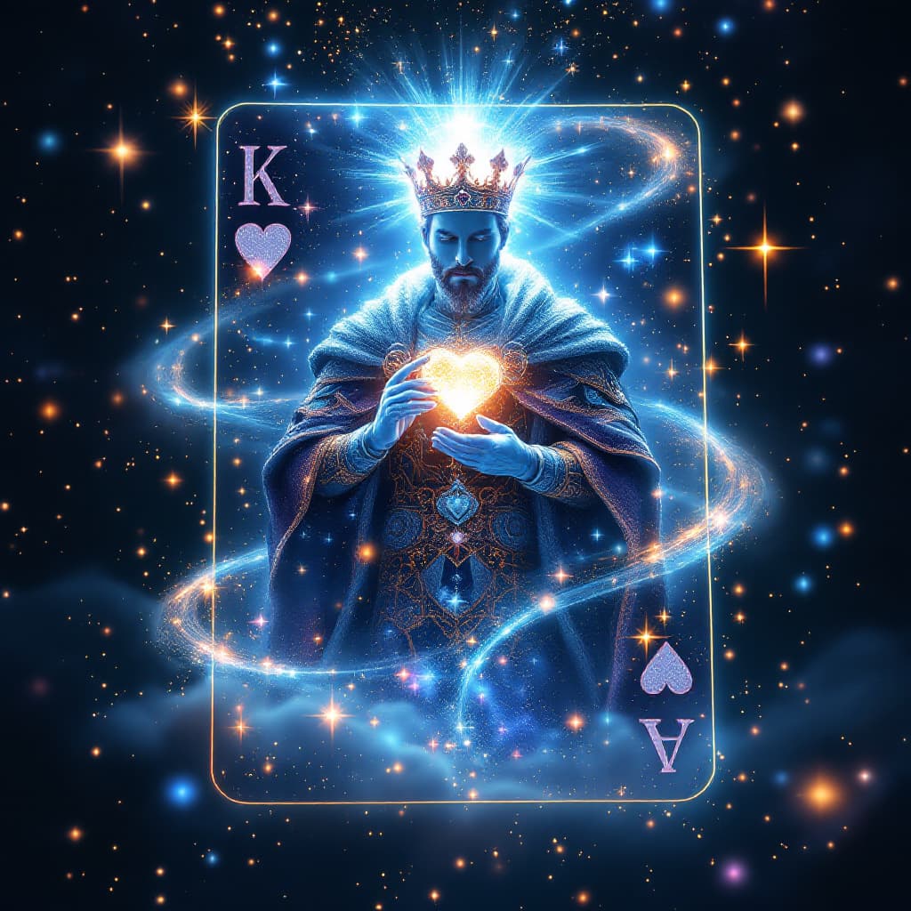 AI generated: The King of Hearts card transforms into a 3D hologram that appears to be made of cosmic energy. As t...