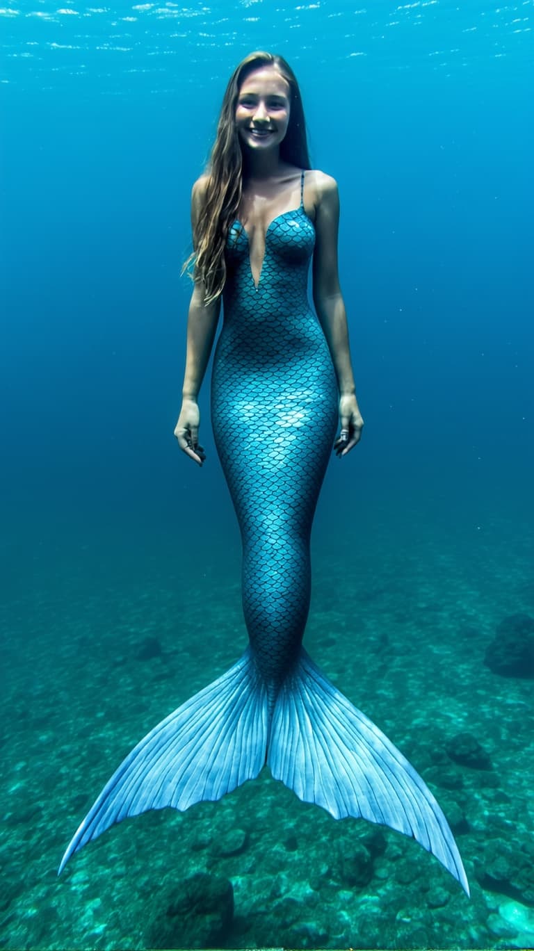 AI generated: A photo-realistic image of a mermaid tween with a scaly fishtail and caudal fins, swimming in the oc...