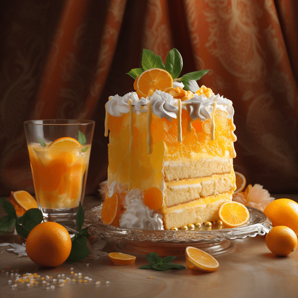 AI generated: orange juice in the shape of a cake, a clear and detailed body, amazing colors, charming colors, ver...