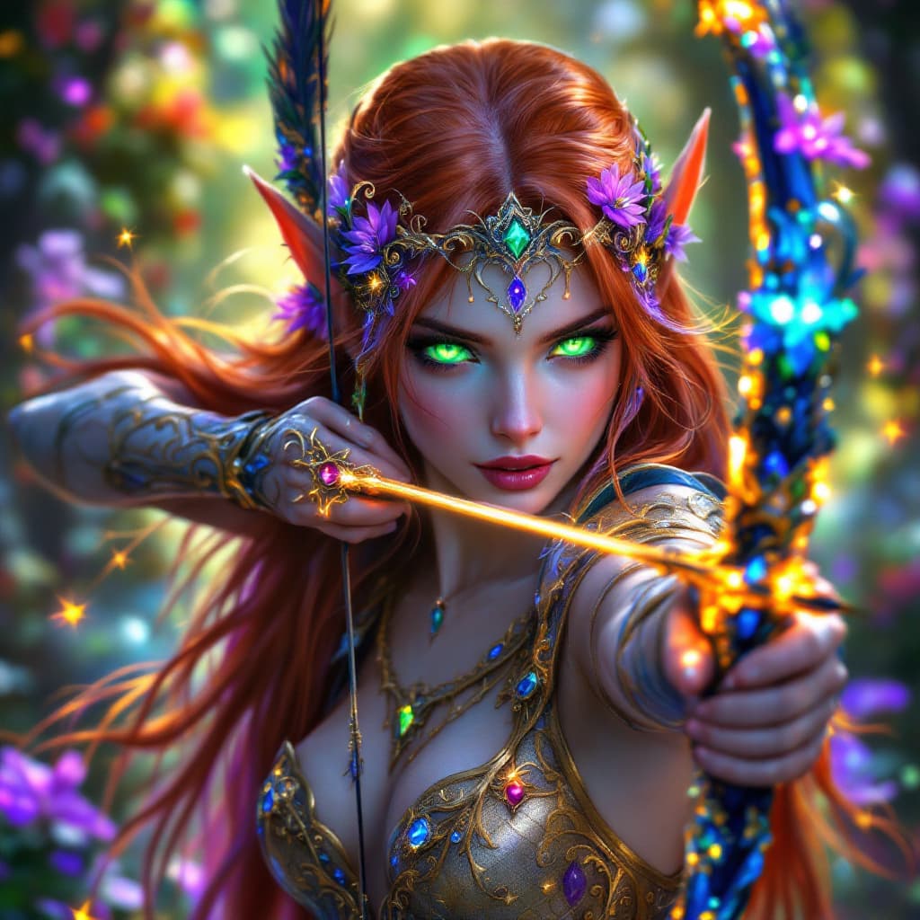 AI generated: A hyper-detailed fantasy artwork with a luminous and polished aesthetic. The central figure is a mys...