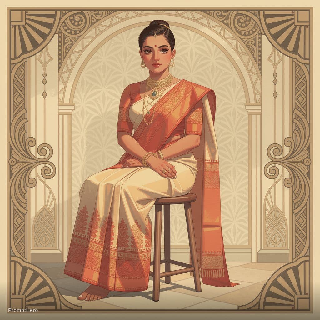 AI generated: digital art, art deco and bohemian art, masterpiece, adult woman sitting on stool, revealing dress, ...