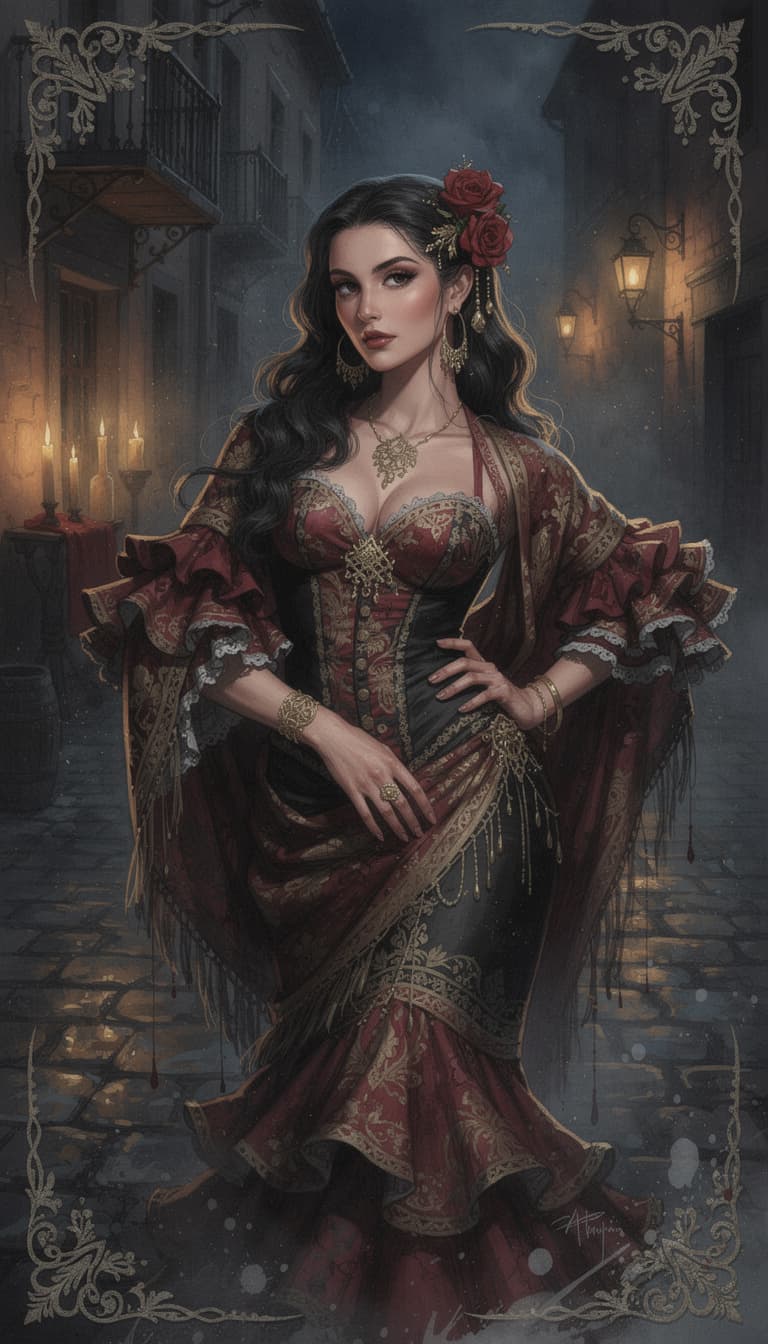 AI generated: Dark Fantasy Art, half l Body of a gypsy spanish woman in flamenco clothes, Blender stylized charism...