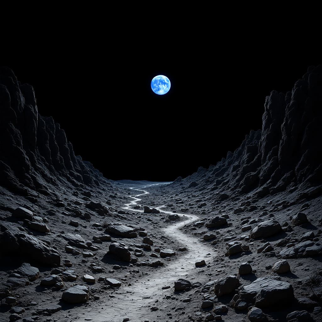 AI generated: A barren, rocky landscape with a distant blue sun in the sky, set against a black background. Highly...