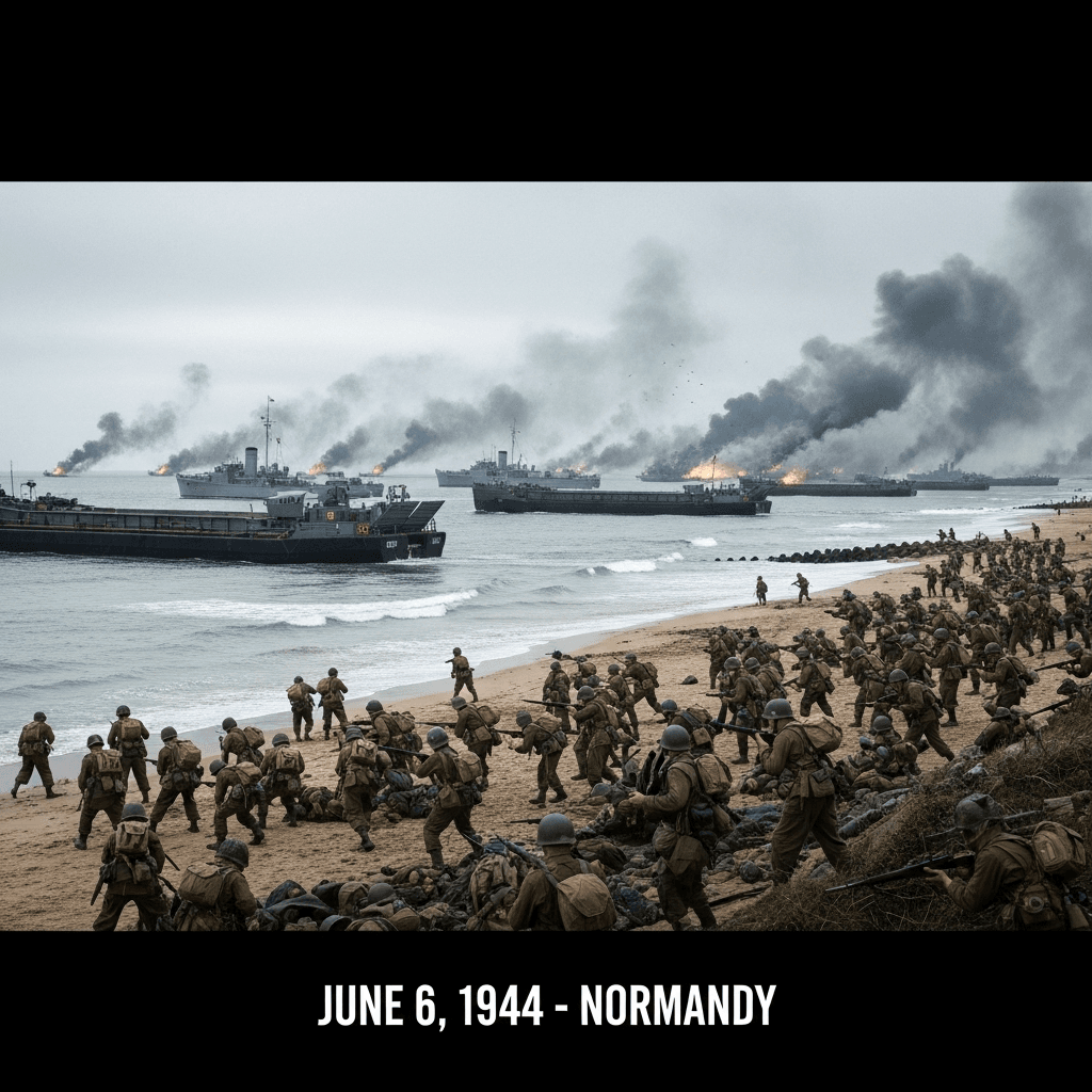 AI generated: Create a dynamic, cinematic landscape image of D-Day. Bottom-centered text that reads: "June 6, 1944...