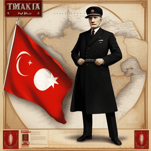 AI generated: Ataturk stant and hold a turkish flag on the turkey maps
