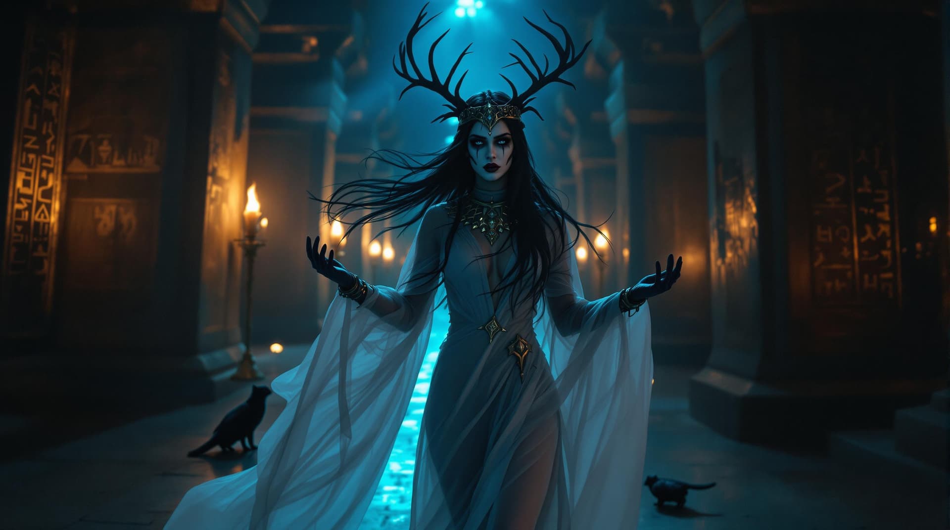 AI generated:  A stunning, high-contrast, 8K resolution portrait of a mystical Norse priestess with raven-black ha...