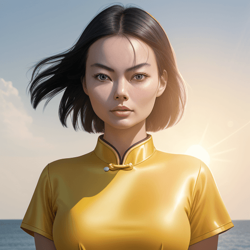 AI generated: chinese girl in a yellow shirt is posing in front of the sun, in the style of margot robbie, shiny/g...