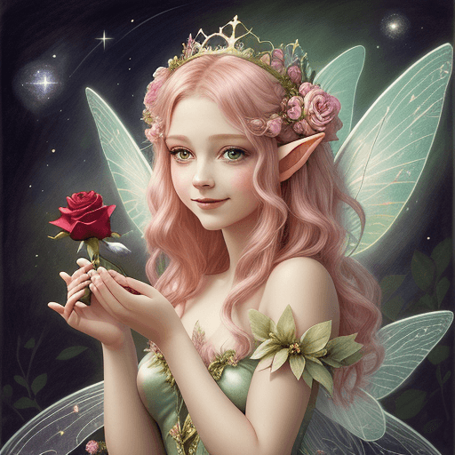 AI generated: a drawing of a fairy with a rose in her hand, study of a flower fairy, fairy aesthetics, space flowe...