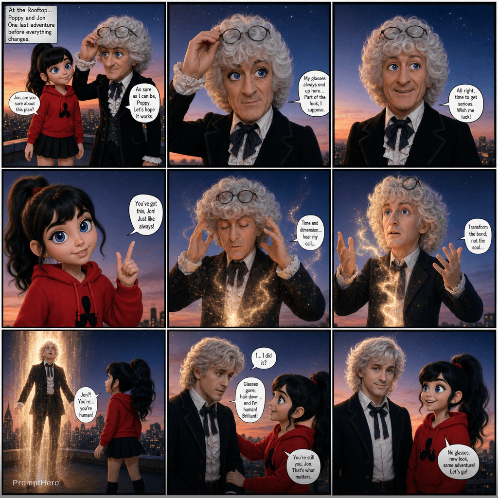 AI generated: Generate images: Full comic page images Jon pertwee white curly hair fringe blue eyes from toon in H...