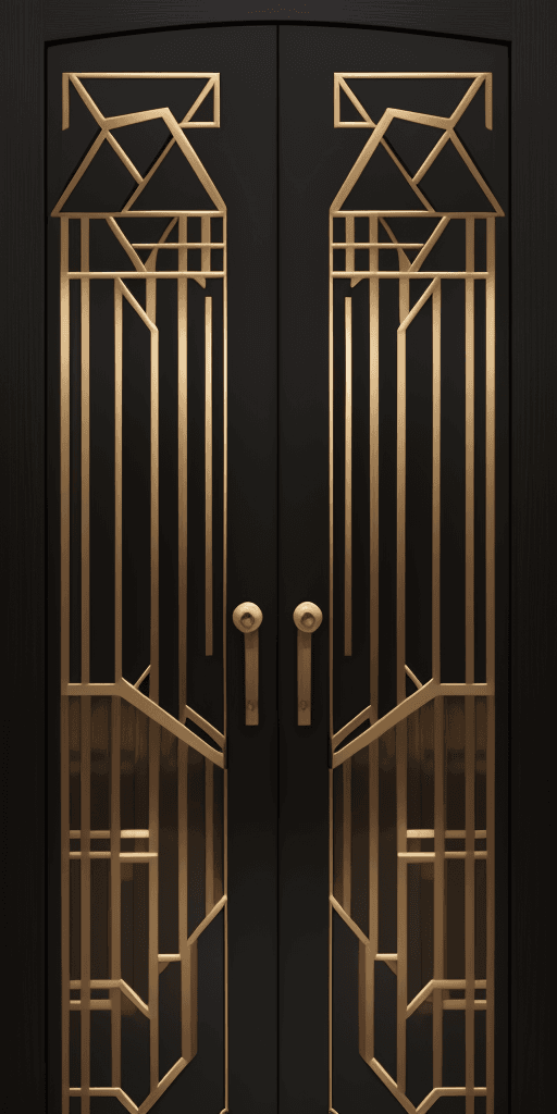 AI generated: a symmetrical partly open double black and golden aesthetic door in full size