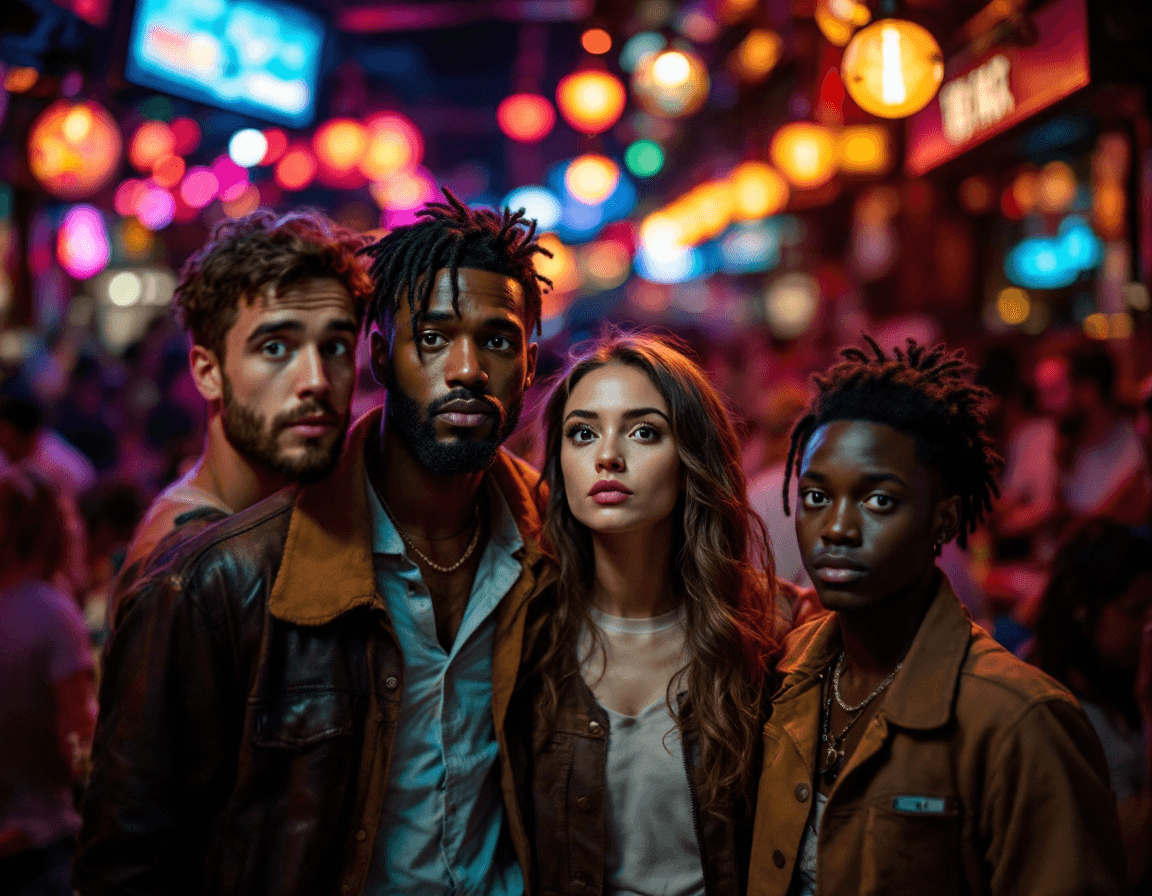 AI generated: Inside a crowded bar, at night. A group of 3 diverse men and a a woman stand in the foreground, look...