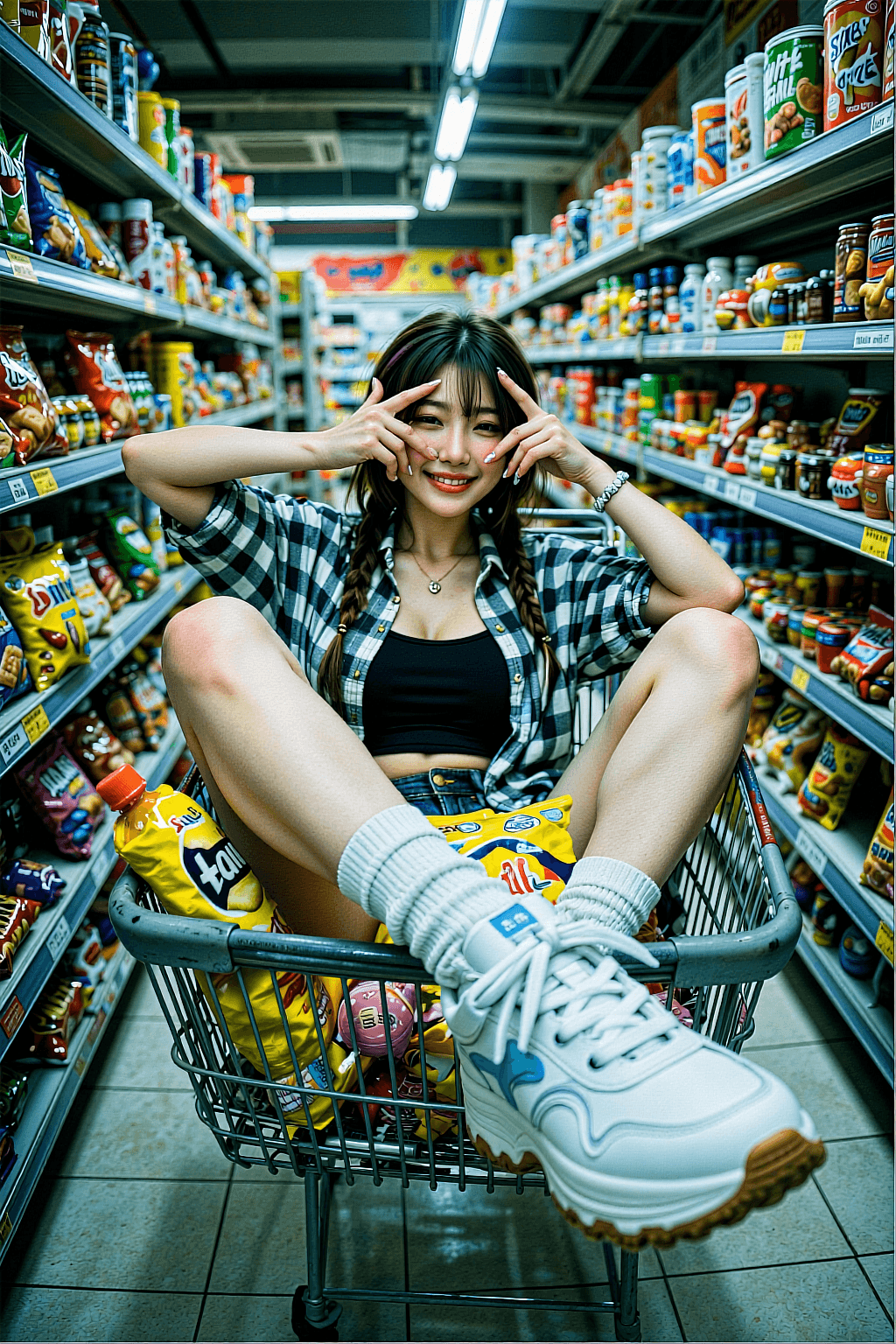 AI generated: "scene_description": "A playful, high-energy fisheye portrait of a stylish young woman sitting insid...