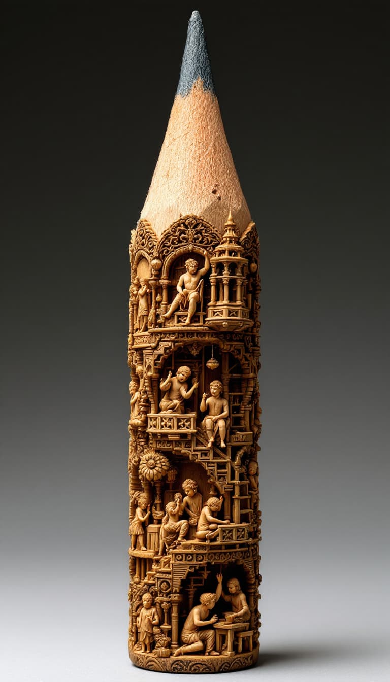 AI generated: This image depicts an intricate and highly detailed sculpture carved into the body of a pencil. The ...
