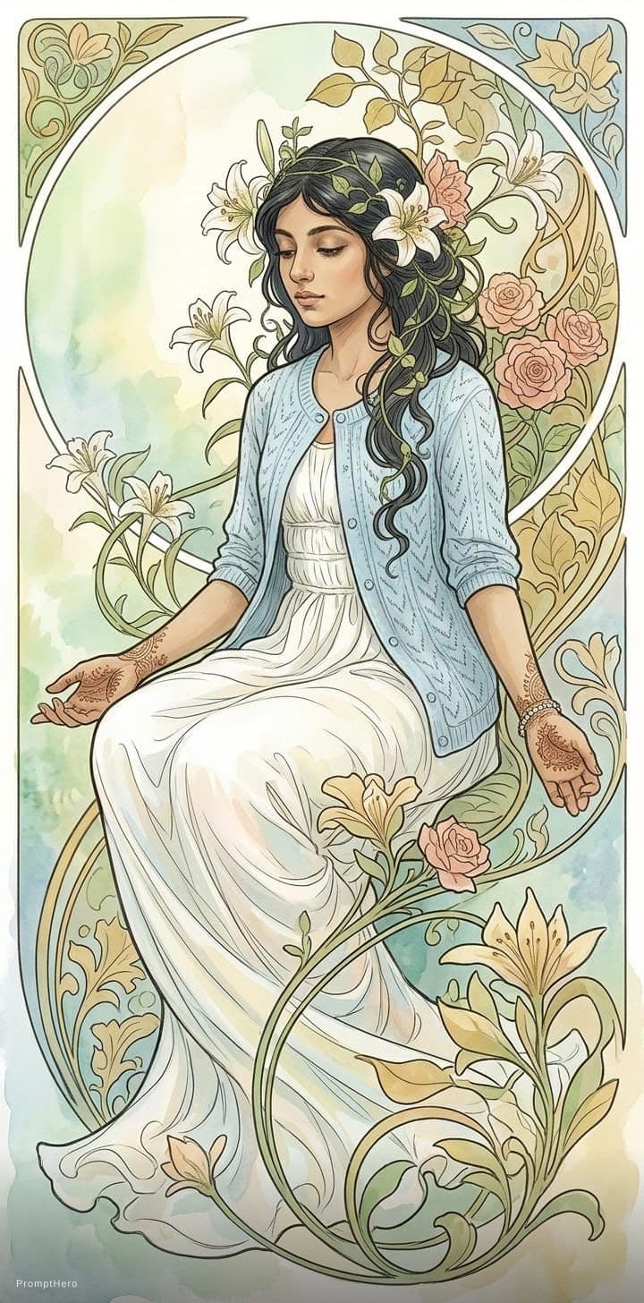 AI generated: Create a beautiful, intricate drawing of a woman in a nature-inspired, art nouveau style. The figure...