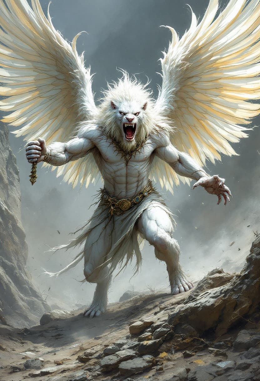 AI generated: Full body, albino lion with white skin all over, human body,Angel wings  strong bodybuilder, muscula...