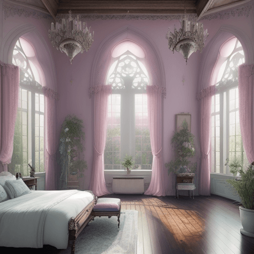 AI generated: High resolution interior design, dreamy sunken bedroom, wooden floor, two high windows facing the ga...