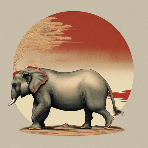 AI generated: Una postal japonesa vintage, en el estilo de Kentaro Miura, protagonizada por un elefante sosteniend...