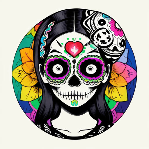 AI generated: A detailed colorful art print of a sugar skull with an illustration of a brain drawn on its forehead...