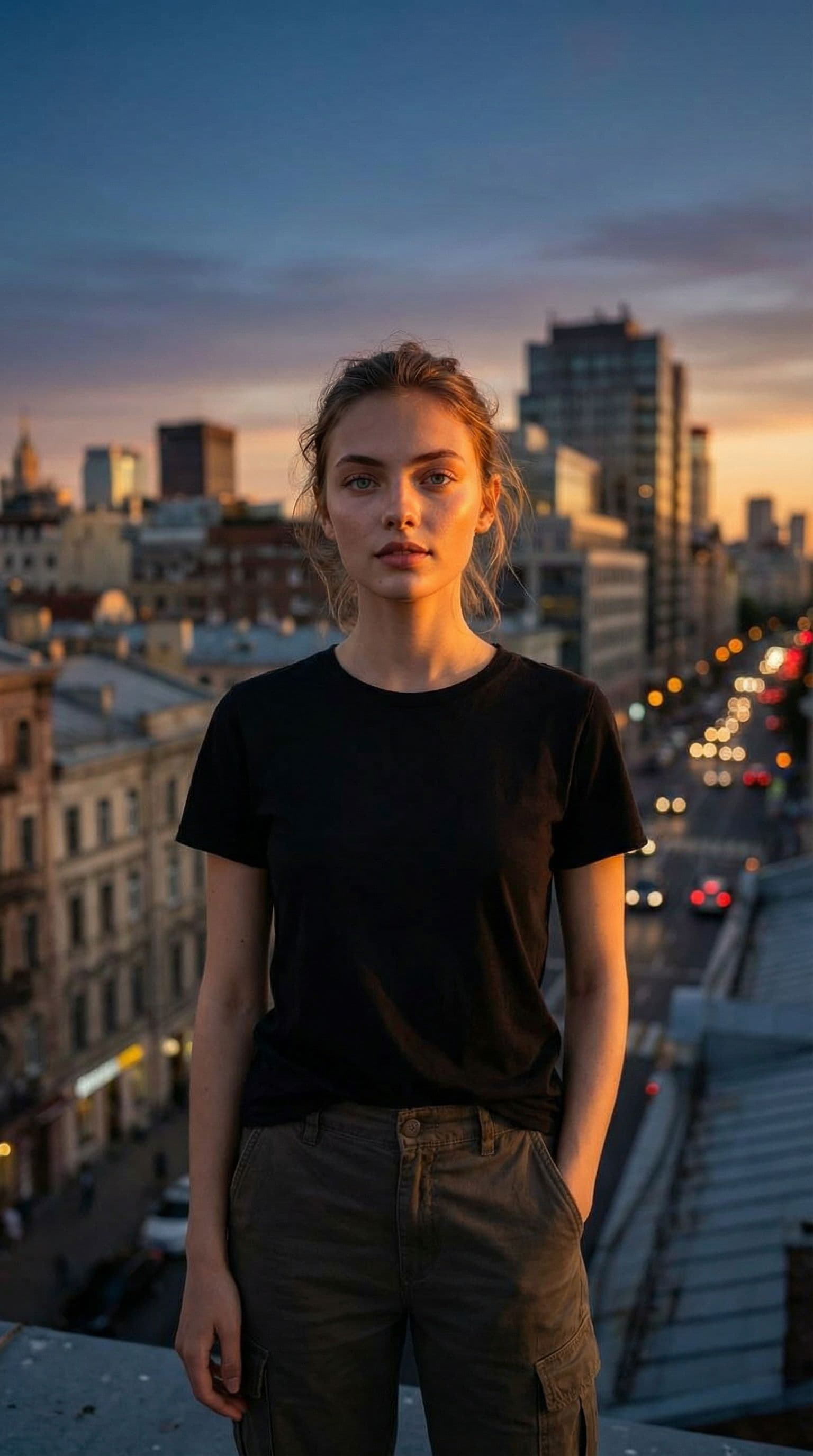 AI generated: photography, front view, dynamic range, female model, upper-body, black T-shirt, dark khaki cargo pa...