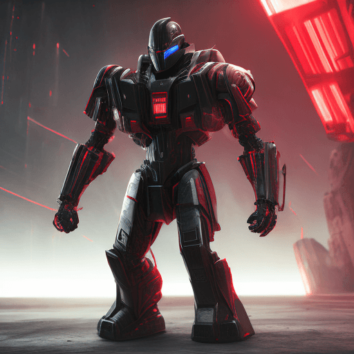 AI generated: ultra-wide photo red sci-fi armor with cyber helmet, lights on cyber mask, full armor, insulated arm...