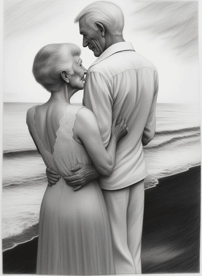 AI generated: Black and white drawing, with an elderly couple looking at each other, he is taller than her, she is...