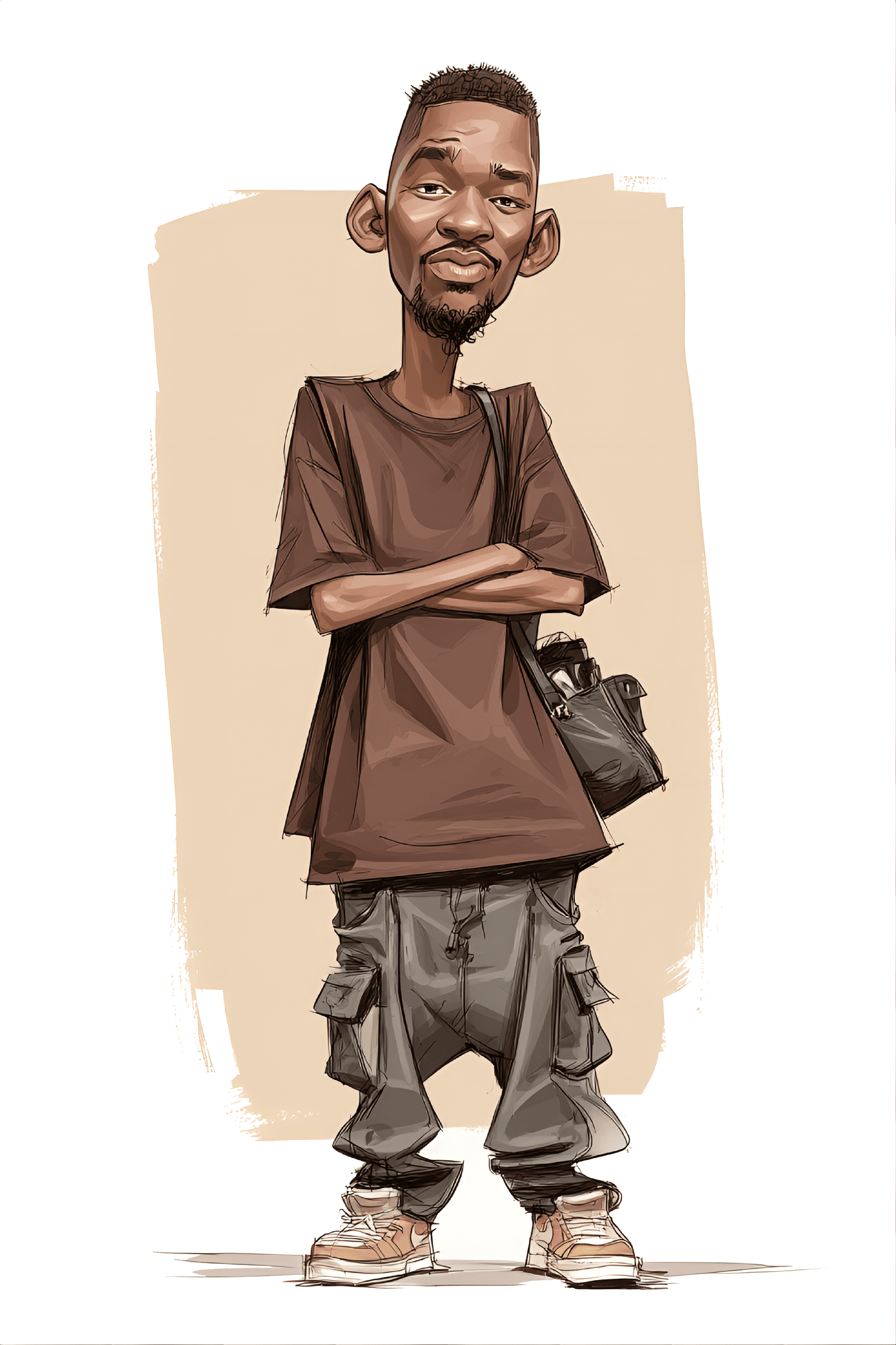 AI generated: funny caricature, relaxed fashion guy caricature, young african male, 22 years old, oversized brown ...
