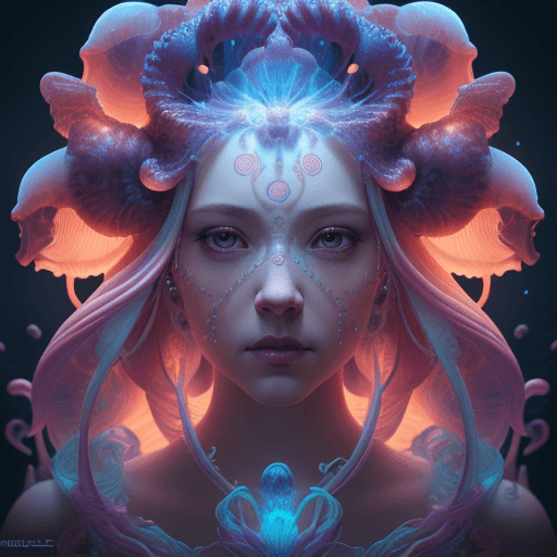 AI generated: Goddess close-up portrait ribcagel. jellyfish phoenix head, nautilus, orchid, skull, betta fish, bio...