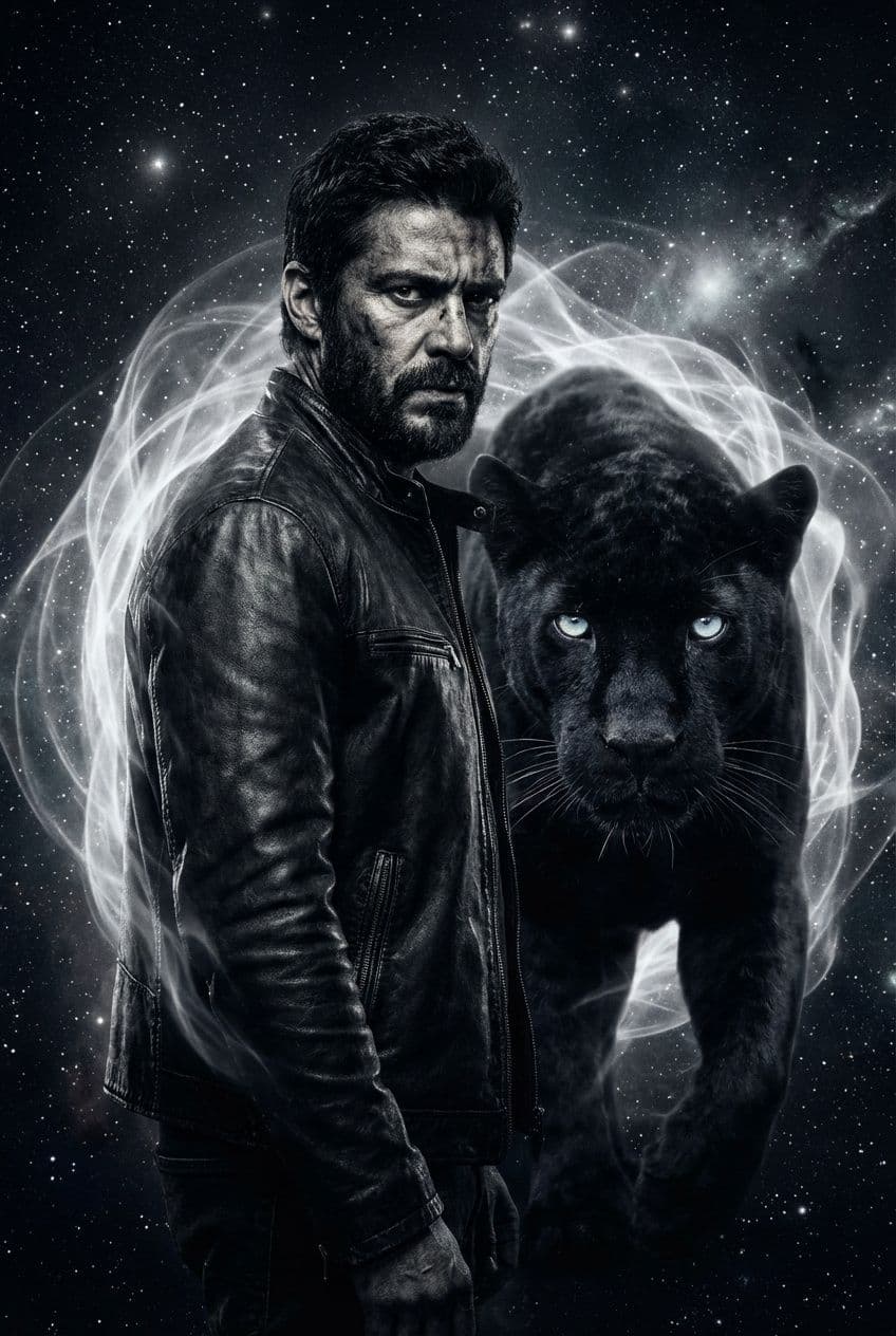 AI generated: a striking portrait of a man, dark features, handsome is guarded by a supernatural black jaguar, the...