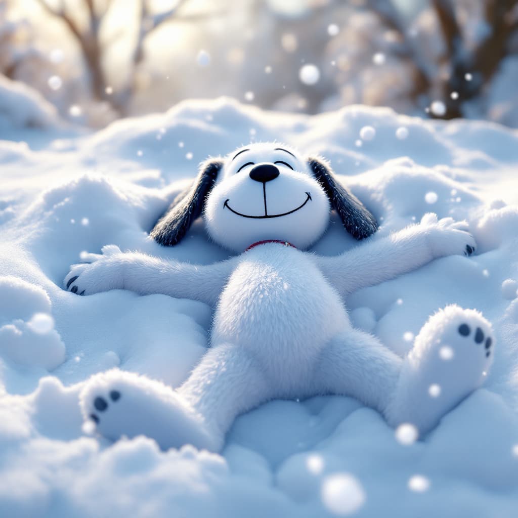 AI generated: whimsical winter scene of Pixar style,bryce 3D,angle's view,a dog "Snoopy",classic cartoon character...