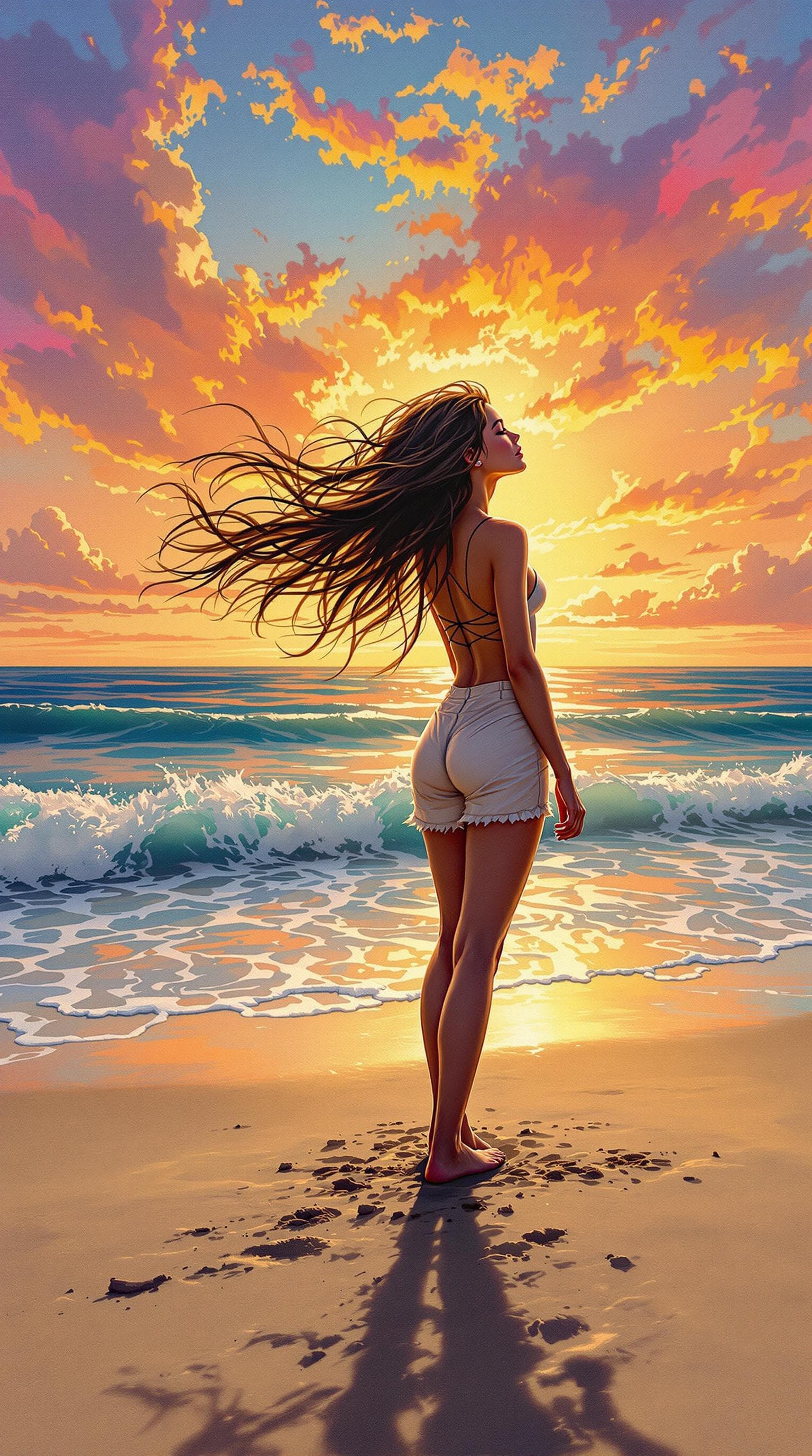 AI generated: a painting of a girl standing on the beach with her hair blowing in the wind and a sunset behind her...