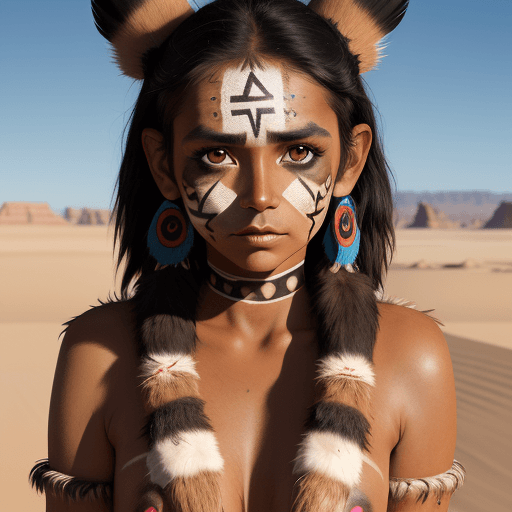 AI generated: High resolution photography Image of a young indigenous woman, with face paint, black hair, brown bi...