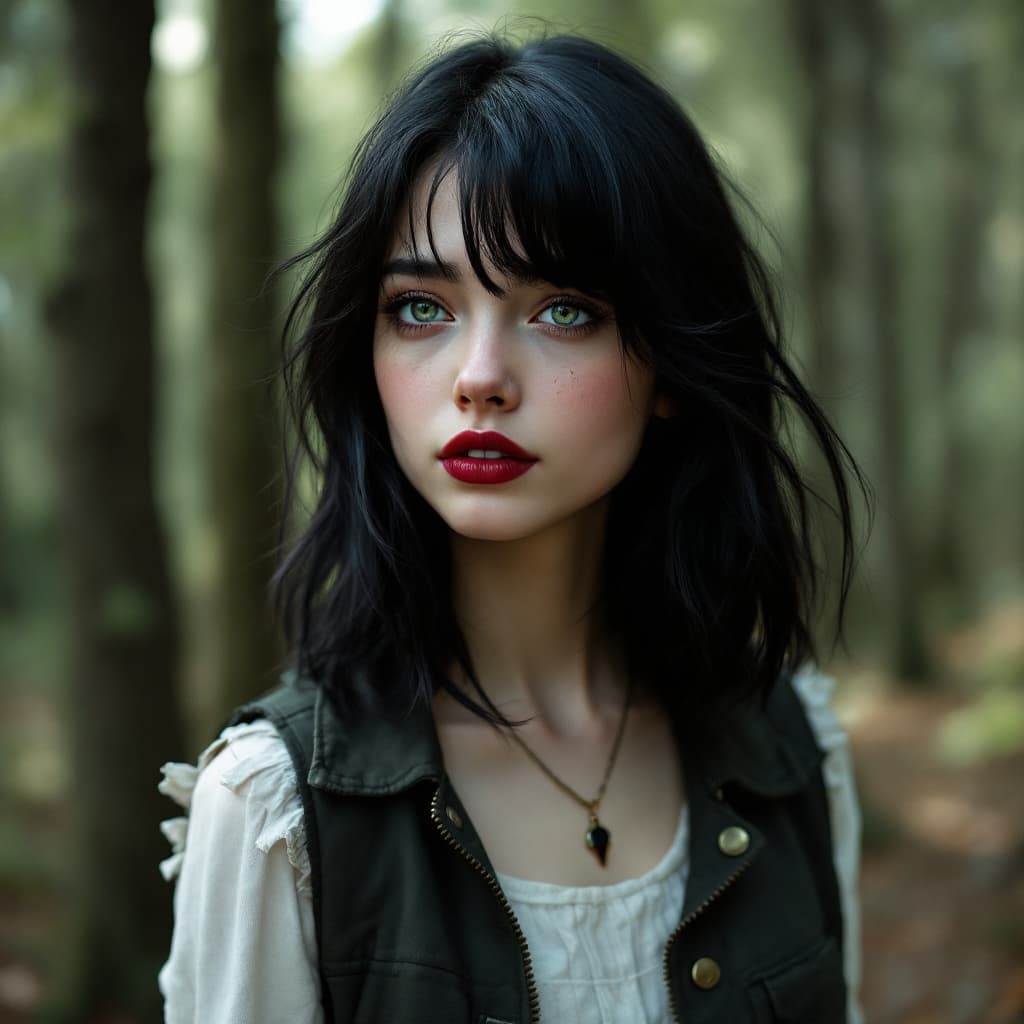AI generated: 20 year old black haired girl, shoulder length black hair, stunning green eyes. wearing vest and sta...