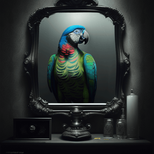 AI generated: tattoo the parrot, looks at himself in a broken mirror, in the style of Christopher Nolan, in dynami...