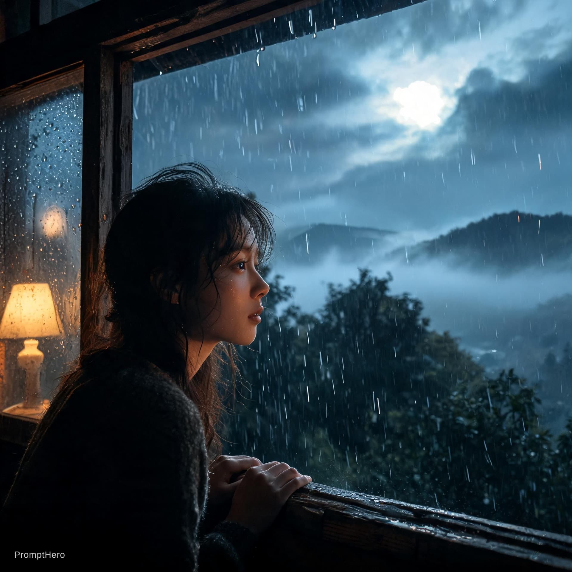 AI generated: A cinematic rainy evening. Gentle raindrops fall endlessly across a quiet countryside, soft wind car...