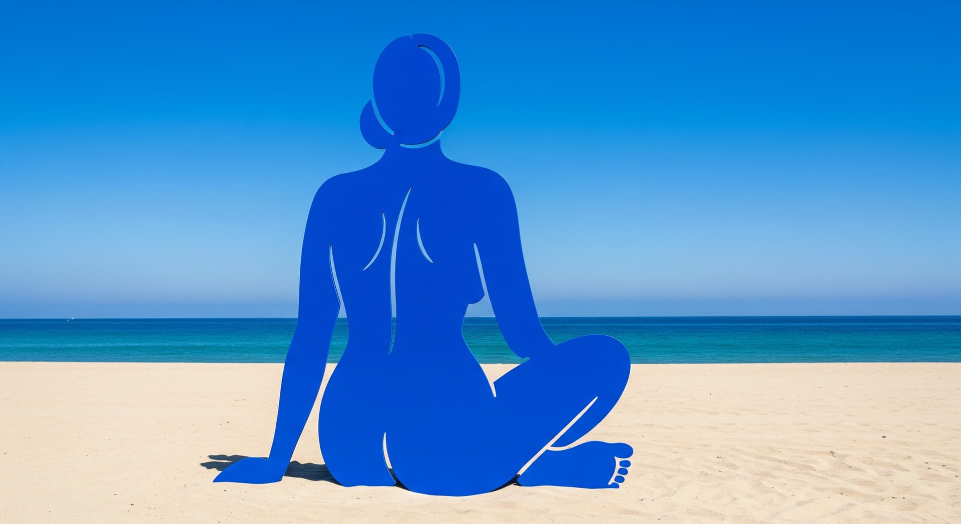 AI generated: An artistic scene at a sunny beach featuring a 'Nude in Blue' figure, inspired by the cut-out style ...
